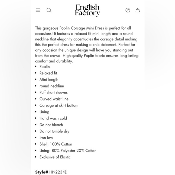 English Factory Women's Poplin Corsage Mini Dress, Black Size Medium NWT - Picture 7 of 16